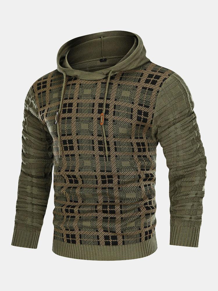 Slim Fit Knitted Plaid Paneled Hooded Sweater