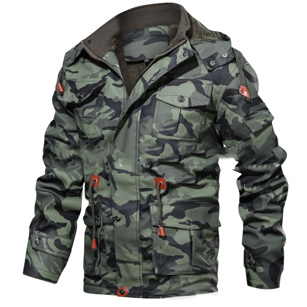 Fleece Mid-length Leather Multi-pocket Camouflage Jacket